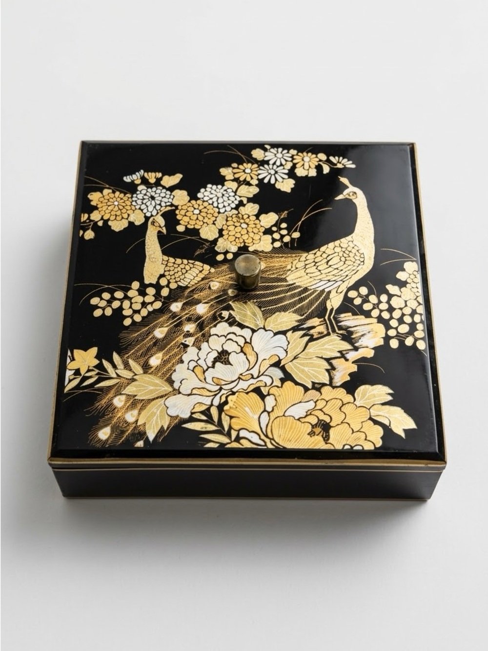 Vintage Otagiri Japan Black Lacquer Peacock Trinket Box with Etched Clear Tray